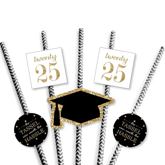 Big Dot of Happiness Gold 2025 Graduation Paper Straw Decor - Party Striped Decorative Straws - Set of 24 {7}