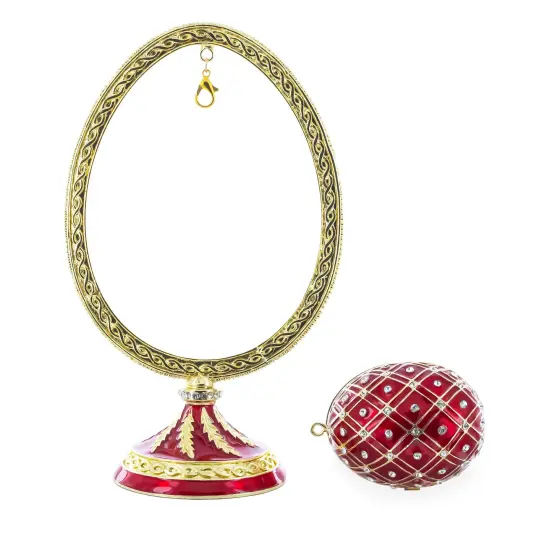 Red Enamel Jeweled Easter Egg in the Egg Shaped Display Holder Figurine {3}