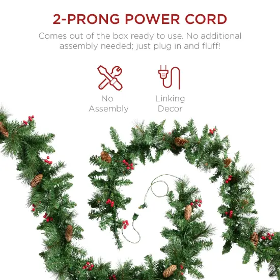 Best Choice Products 9ft Pre-Lit Pre-Decorated Garland w/ PVC Branch Tips, 50 LED Lights, Pine Cones, Berries Green - Corded {6}
