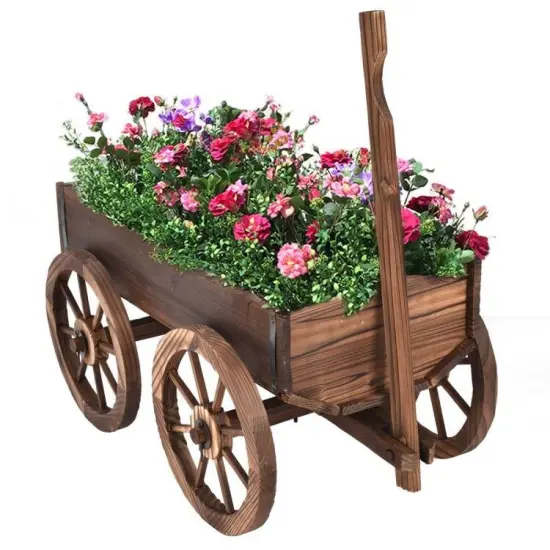 Brown Fir Wood Garden Barrel Planter Wagon with Wheels and Handle {2}