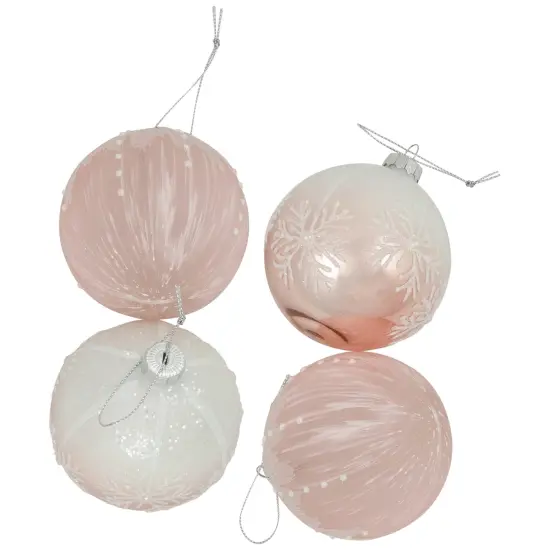 Northlight Snowflakes Glass Ball Christmas Ornaments - 3" (80mm) - Pink and White- 4ct {4}
