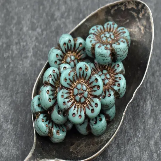 *12* 14mm Dark Bronze Washed Turquoise Wildflower Beads {2}