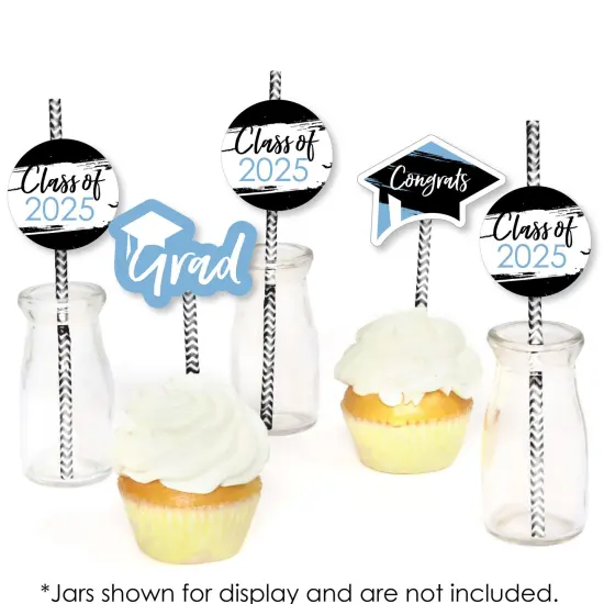 Big Dot of Happiness Light Blue 2025 Graduation Paper Straw Decor - Party Striped Decorative Straws - Set of 24 {6}