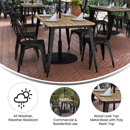 Merrick Lane Dryden Indoor/Outdoor Dining Table with Umbrella Hole, 30" x 60" All Weather Poly Resin Top and Steel Base BrownTop/SilverFrame {10}