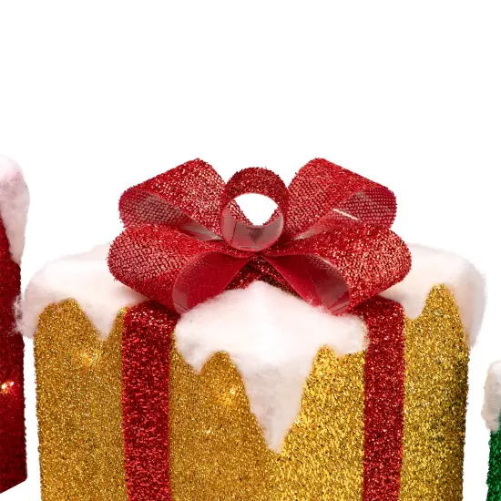 Northlight Set of 3 LED Lighted Green, Gold and Red Snowy Gift Boxes Outdoor Christmas Decorations {7}