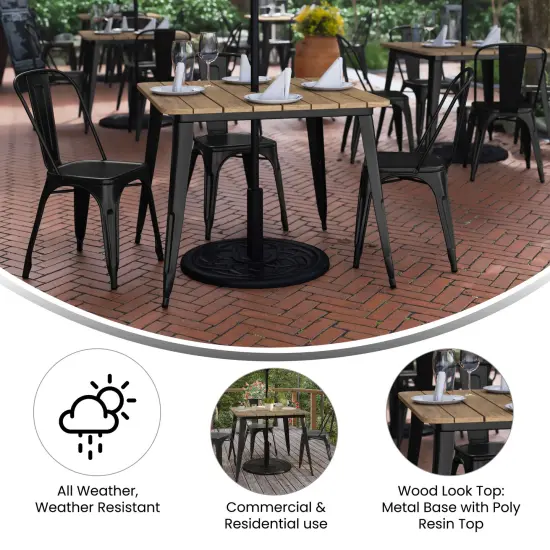 Merrick Lane Dryden Indoor/Outdoor Dining Table with Umbrella Hole, 36" Square All Weather Poly Resin Top and Steel Base BrownTop/BlackFrame {4}