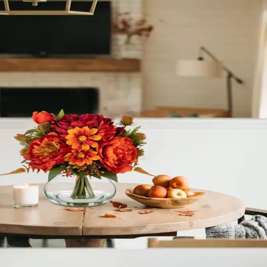 Fake Peony Flowers in Vase Fall Table Centerpiece - Orange Round Glass {2}