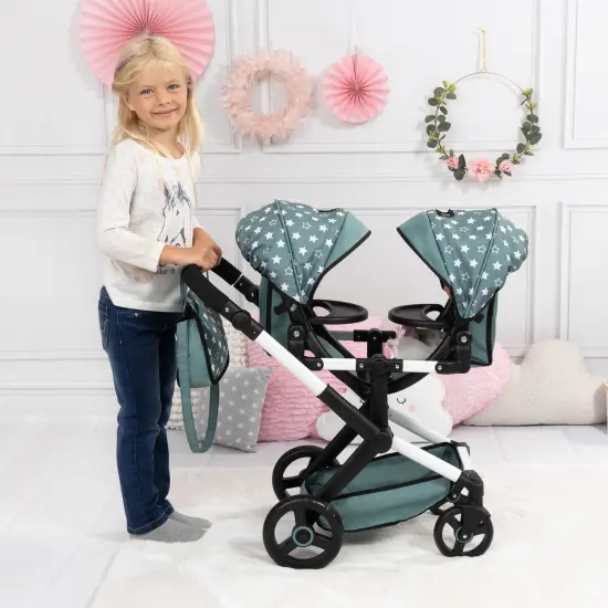 Bayer: Pram Xeo Twin - Green & White Stars - Seats 2 Dolls Up to 18", Shoulder Bag, Adjustable Handle, Foldable, Kids Toy, Ages 3+ {7}