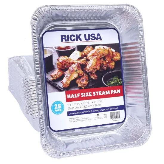 RICK USA: Half Size Steam Pan - 25 Pack - 11.7x9" Disposable Aluminum Foil, Multi-Purpose Baking-Cooking, Durable, Grill-Oven-Freezer-Dishwasher Safe {1}
