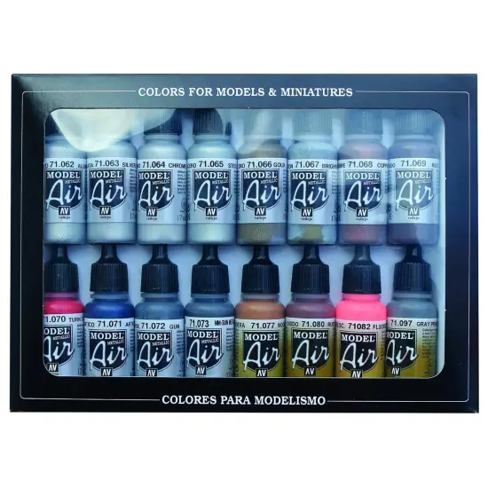 Vallejo Paints: Model Air Color Set - Metallic Effects - 16 Paint Colors - 18ml (.60oz) Bottles, Acrylics For Modeling & Miniatures, Opaque, Hobby {1}