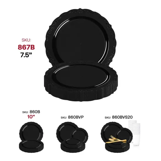 Black Vintage Rim Round Disposable Plastic Appetizer/Salad Plates - 7.5" (120 Plates) {6}