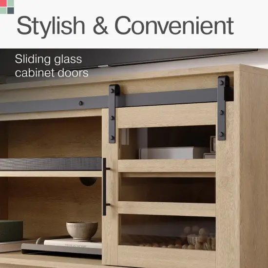 Stead Modern Farmhouse TV Stand, Media Console with Sliding Glass Doors, 58&rdquo; Entertainment Center with Storage, Barn Door TV Stand for Living Room and Bedrooms, Supports 32 to 65" TVs (Light Oak) {5}