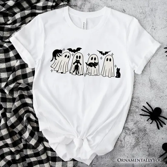 Ghosts and Cats Spooky T-Shirt, Whimsical Halloween Tee for Cozy Autumn Season {7}