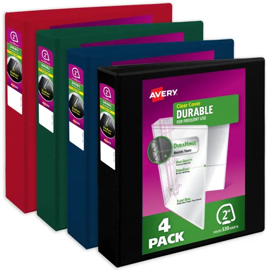 Avery Durable View 3 Ring Binders, 2 Inch Slant Rings, 530-Sheet Capacity, DuraHinge, 2.8 Inch Wide Spine, Customizable Clear Covers and Spine, Assorted Dark Colors (4-Pack of 05638) {1}