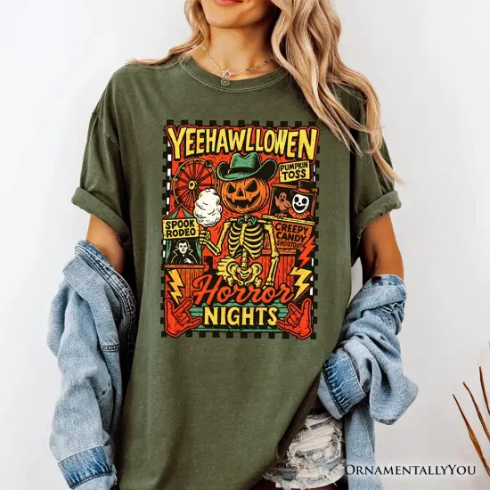Yee Haw Halloween Retro Pumpkin Skeleton T-Shirt, Spooky Country Western Tee for Fall {2}