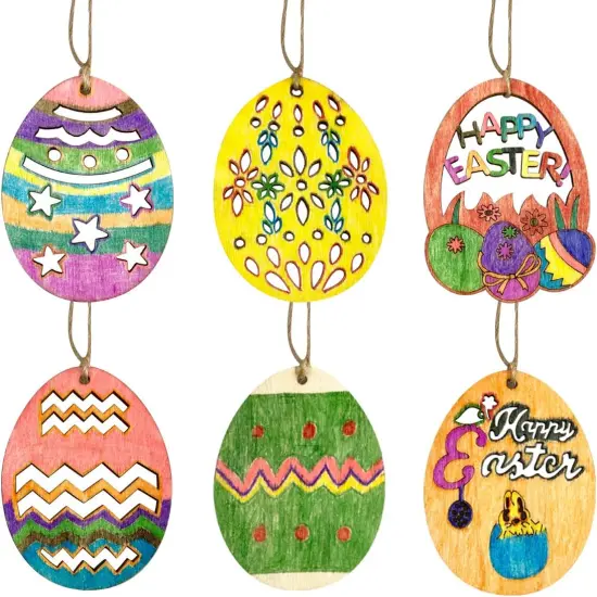 30 PCS Easter Wooden Hanging Ornaments Unfinished Wood Slices Eggs Easter Crafts for Kids DIY Easter Decorations Party Supplies Decor {5}