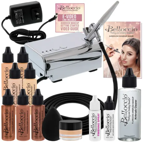 Belloccio Professional Beauty Deluxe Airbrush Cosmetic Makeup System with 4 Fair Shades of Foundation in 1/2 oz Bottles {1}