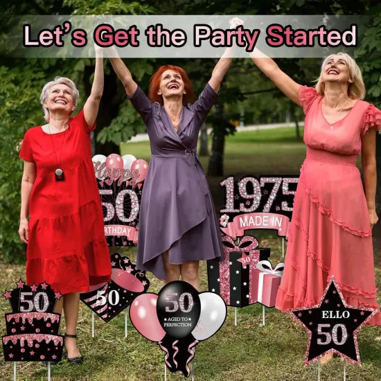 7Pcs Rose Gold 50th Birthday Yard Sign Decorations for Women,Happy 50th Birthday Made in 1975 Lawn Sign Party Supplies,Fifty Year Old Birthday Outdoor Yard Decor with Stakes {4}