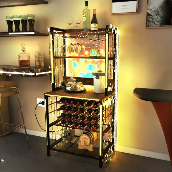 Brown Multi-functional Wine Bar Rack with 4 Tier Storage Shelves and Power Outlets {3}