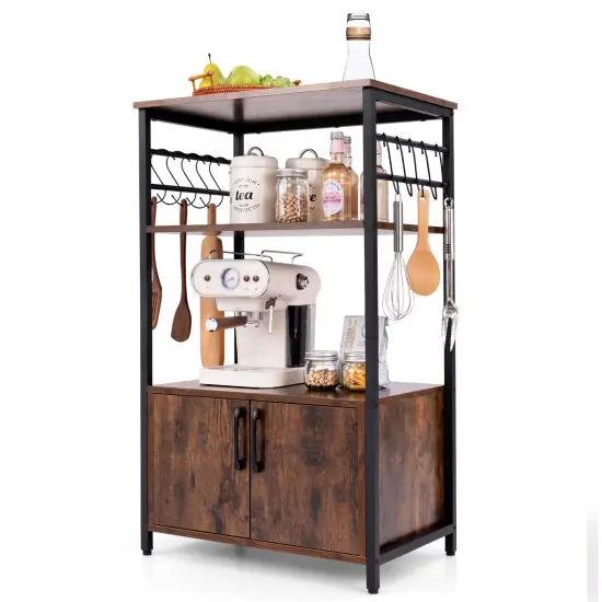 3-Tier Brown Kitchen Bakers Rack with 2 Doors Cabinet and 2 Open Storage Shelves {4}