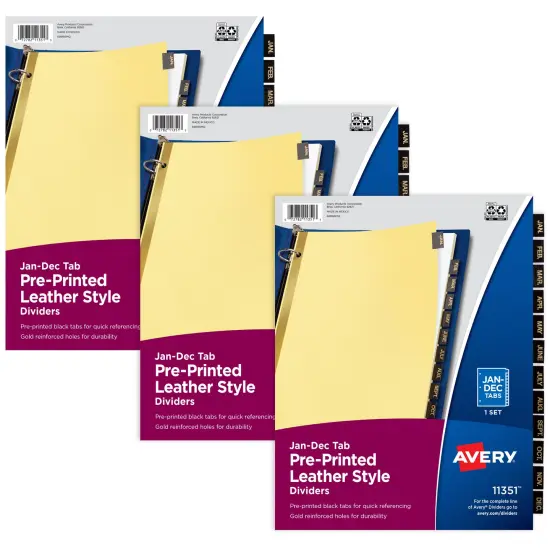 Avery Jan-Dec Dividers for 3 Ring Binders, 12 Tabs per Set, Pre-Printed Black Leather Tabs (3 Sets of 26180) {1}