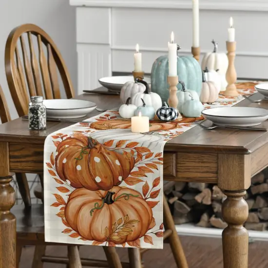 Buffalo Plaid Orange Pumpkins Eucalyptus Fall Table Runner - 13x72 Inch {3}