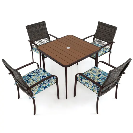 Mix Brown Rattan Metal 5-Piece Patio Dining Set with Cushions and Umbrella Hole {1}