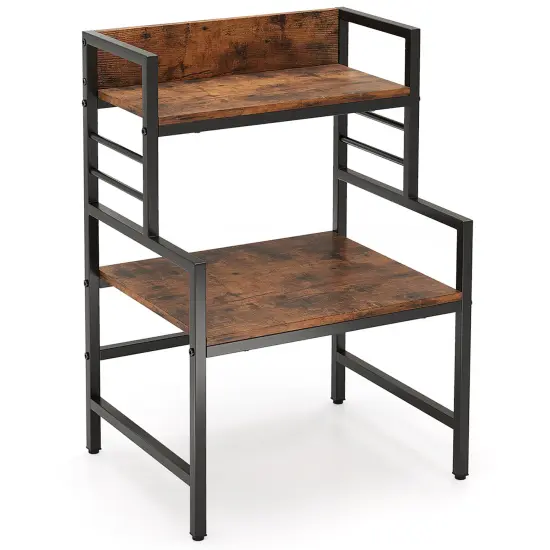 Rustic Brown 3-Tier Microwave Stand with 2 Open Storage Shelves and Black Metal Frame {1}