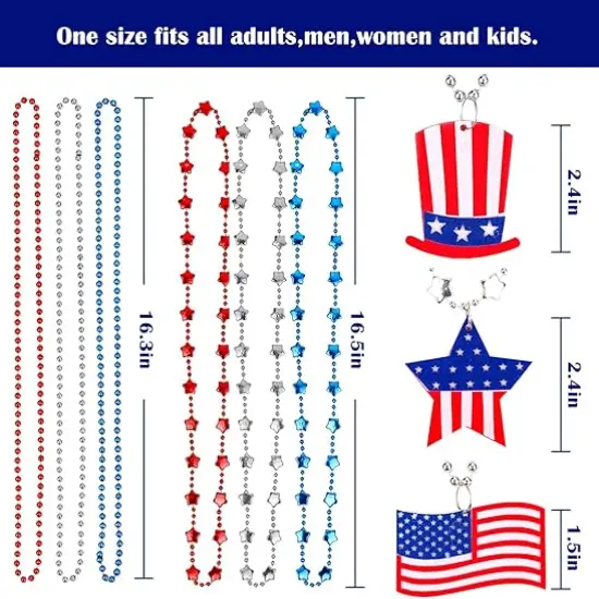 18Pcs 4th of July Bead Necklaces Patriotic Metallic Beaded Necklaces {2}