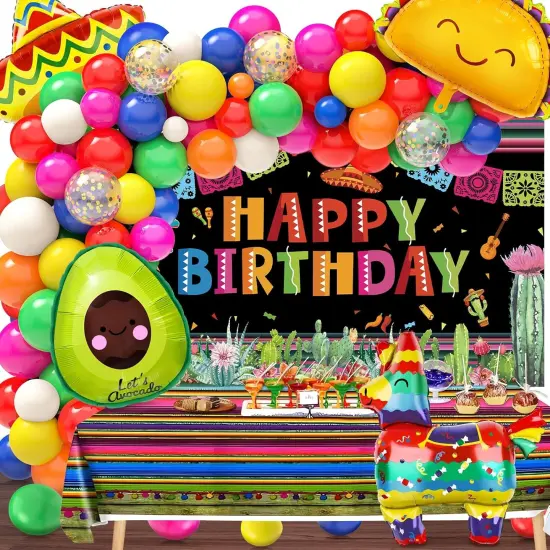 100pcs Mexican Party Birthday Decorations Fiesta Balloon Arch Garland Kit, 5 De Mayo Happy Birthday Backdrop Taco Balloons Tablecloth Decor Carnival Cinco De Mayo Party Decorations Supplies {1}