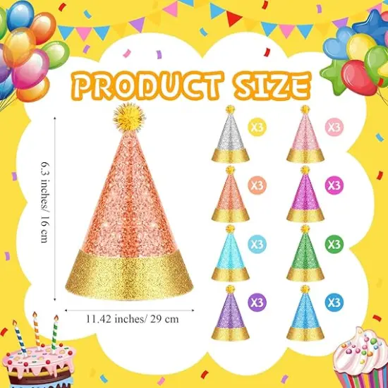 24 Pcs Colorful Party Hats with Pompoms, Glitter Birthday Party Cone Hats Paper Birthday Cone Hats for Birthday Party Supplies {2}