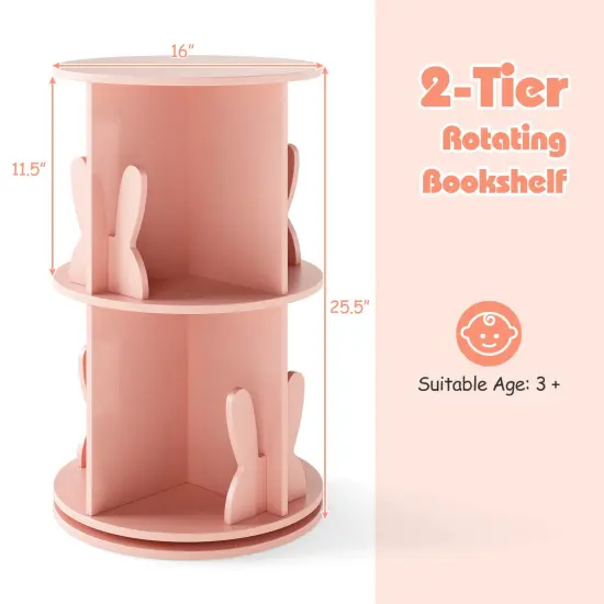 Costway Kids Rotating Bookshelf 2 Tier Freestanding 360&deg; Revolving Display Storage Rack White/Pink {3}