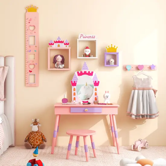 Costway Kids Vanity Set Princess Makeup Pretend Play Dressing Mirror Castle Girls Pink {1}