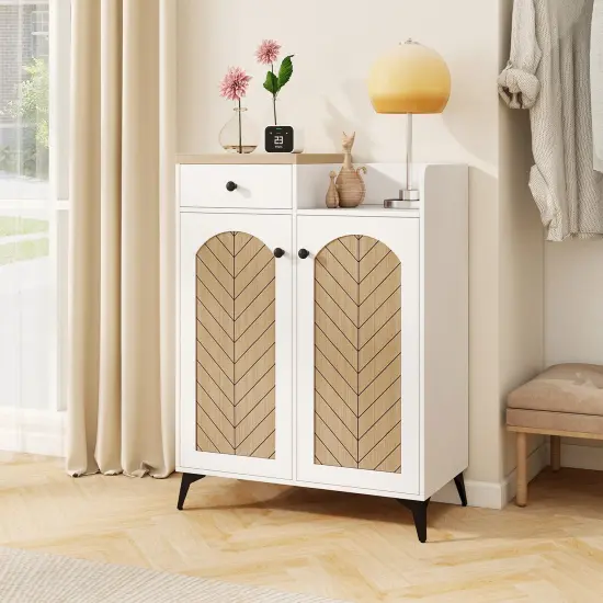 White Wooden 2-Door Shoe Rack Cabinet with 6 Removable Shelves and Side Drawer {3}