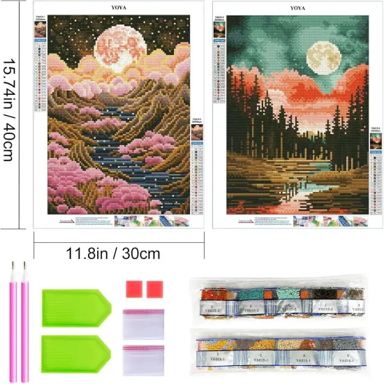 2 Pack 5D Diamond Art Painting Kits, Diamond Painting Mountain Kits, Landscape Moon Diamond Art Kits for Adults, Abstract Scenery Paint with Diamonds Gem Art for Home Wall Decor 12 x 16 Inch {2}