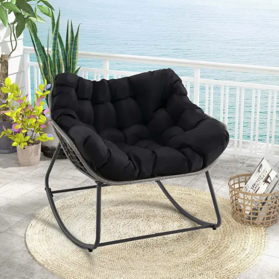Costway 1/2 PCS Outdoor Rocking Chair Oversized Patio PE Wicker Egg Chair Rattan Lounge Chair Black {1}