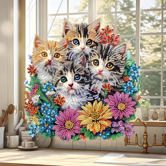 Diamond Painting Kit for Adult,Special Shaped Rhinestone,DIY Acrylic Diamond Art Painting Window Pendants Home Garden Wall Hanging Kits Hanging Ornament,Double Sided (Cat) {3}