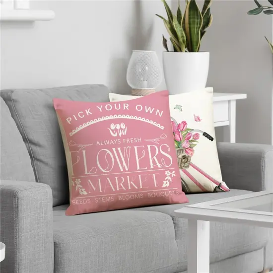 Spring Decorations Pink Tulip Spring Pillow Covers 18x18 Set of 4 Butterfly Flowers Bicycle Throw Pillow Case Hello Love Flowers Market Farmhouse Cushion Cover for Home Sofa Couch {4}