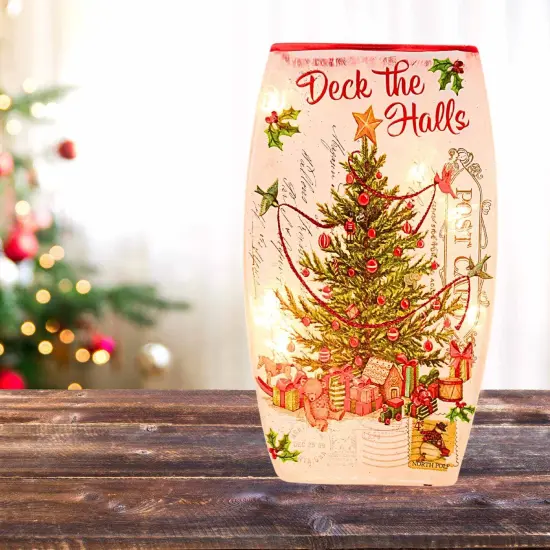 Stony Creek 7.75 In Vintage Postcard Med Vase Christmas Lighted Glass Accent , Christmas Decor Pre-Lit Electric Christmas TREE {4}