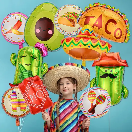 10 Pcs Fiesta Balloons Mexican Taco Cactus Avocado Sombrero Llama Spicy Bottle Foil Balloons Cinco De Mayo Fiesta Party Decorations {5}