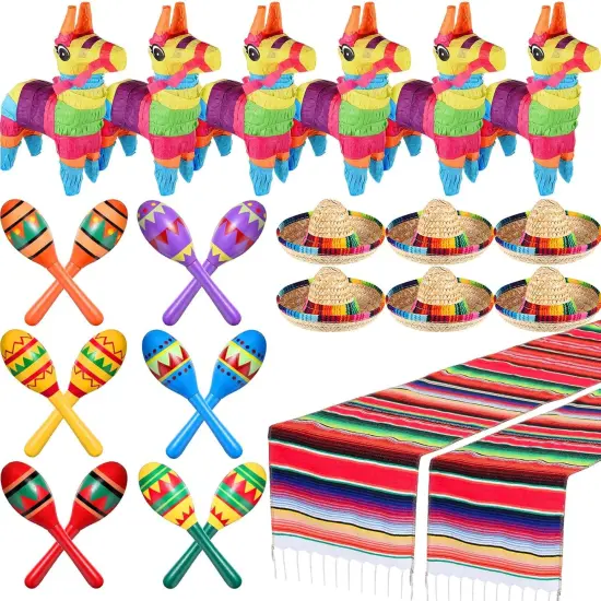 6 Pcs Mexican Decor Fiesta Decorations Include 6 Donkey Pinatas 12 Large Fiesta Maracas 2 Mexican Serape Table Runners 6 Mexican Sombrero Hats for Mexican Decorations Favors(Boho) {1}