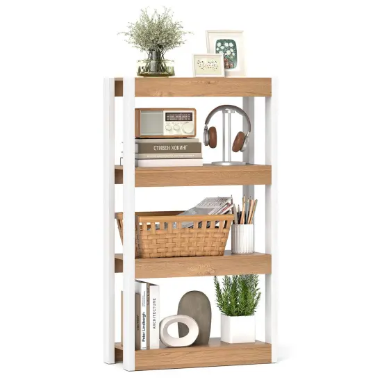 Costway 1/2 PCS 4 Tier Bookshelf Wooden Bookcase with Dual Anti-Tipping Kits Open Shelving Unit Natural/Brown {1}