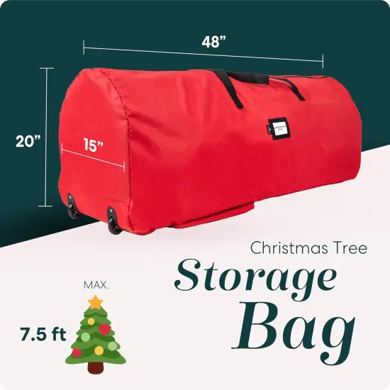 Rolling Tree Storage Bag - For 7.5-Foot Artificial Christmas Holiday Tree. Zippered Bag, Carry Handles and Wheels for Easy Transport, Protects Against Dust, Insects, and Moisture (Red) {2}