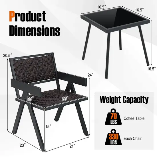 Costway 3 PCS Patio Wicker Chair Set, Rattan Furniture Set with Quick Dry Foam Padding {3}