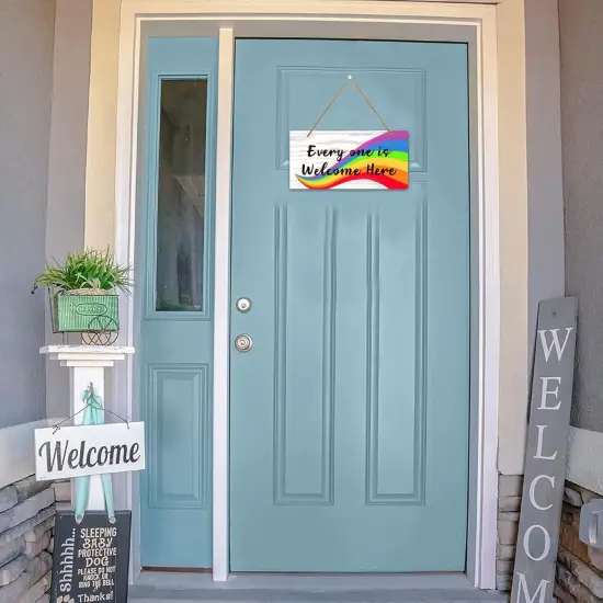 Everyone Is Welcome Here Door Sign - 6"x12" Rainbow Gay Lesbian Pride Welcome Sign Door Decorations LGBTQ Door Hanging Sign for Home School Office Party Wall Front Door Decor {4}