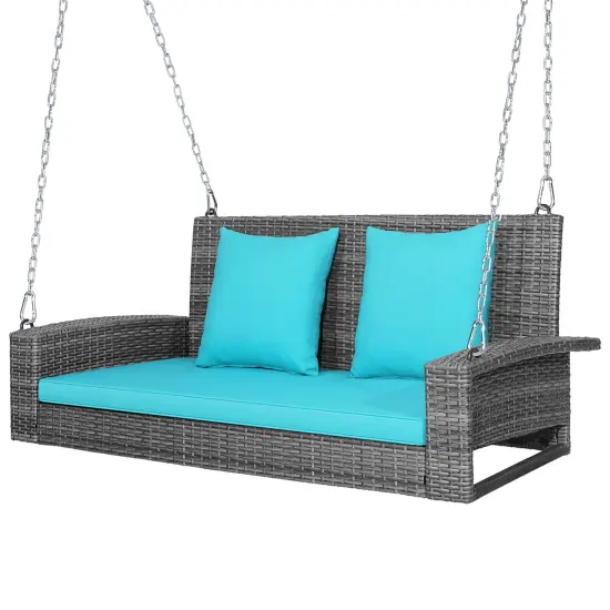 Costway 2-Person Patio PE Wicker Hanging Porch Swing Bench Chair with Cushion {7}