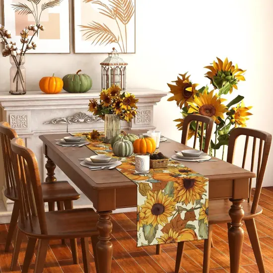 Linen Watercolor Pumpkin Sunflower Fall Table Runner -13&times;72'' {2}