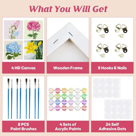 Paint by Number for Adults Beginners, 4 Pack DIY Adult Paint by Number Kits on Canvas Framed, Flowers Color by Numbers Acrylic Oil Painting Number Kits Crafts for Home Wall Decor 8x8inch {3}