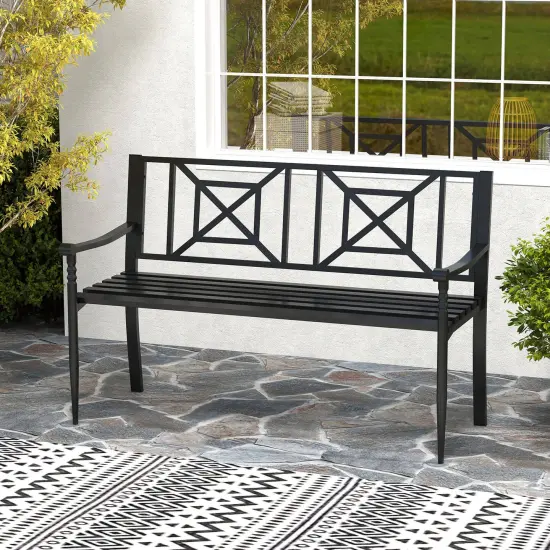 Costway Patio Garden Bench Steel Frame Park Yard Outdoor Furniture Porch Chair Black {1}