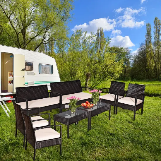 Costway 8PCS Patio Rattan Conversation Furniture Set Cushioned Seat Glass Table {1}